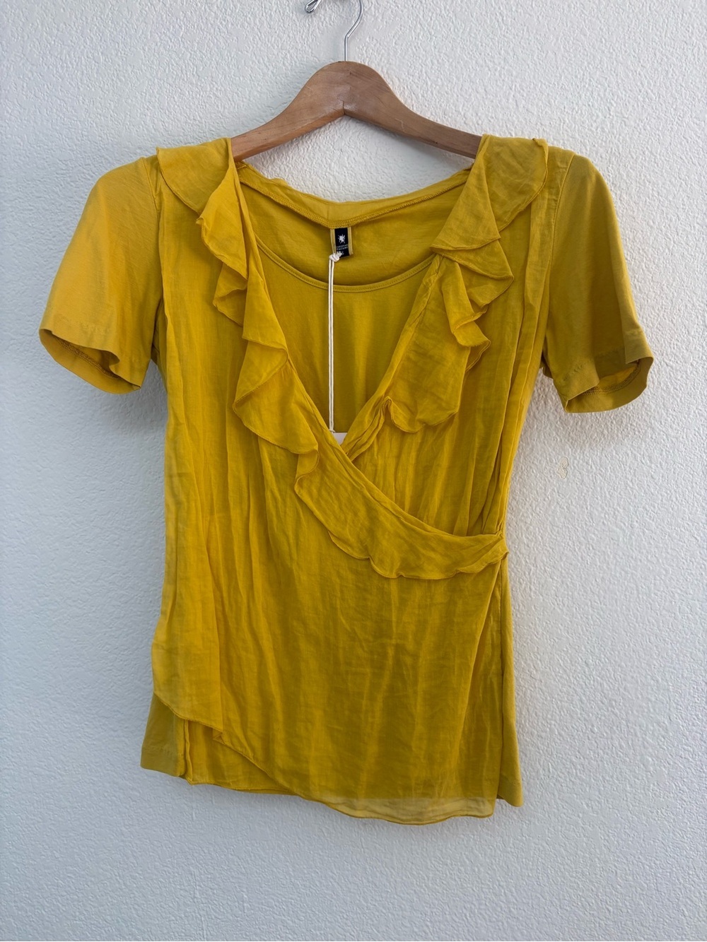 European Culture Mustard Yellow Ruffle Wrap Blouse